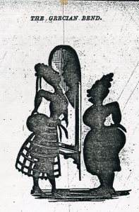 19th century fashion mirrors the grotesque: "The Grecian Bend," 1868.